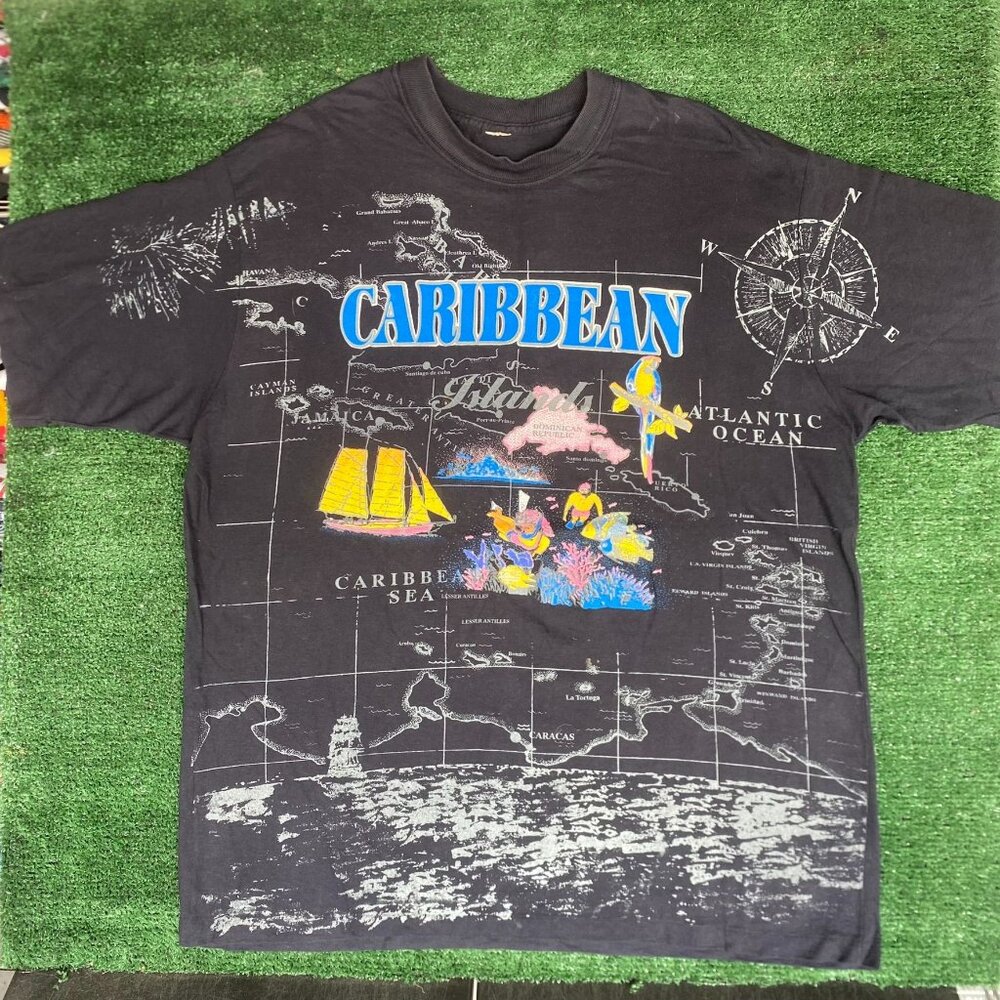 Vintage 90s Caribbean AOP Shirt All Over Print Map Tourist Tee